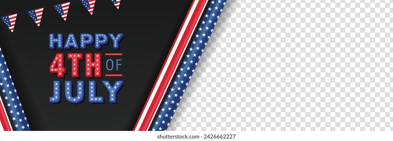 Happy 4th of july independence day banner background with lettering, stripe and star ribbon, and transparent background vector illustration.