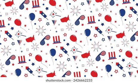 Happy 4th of July independence day seamless pattern with American icon elements. Vector illustration.