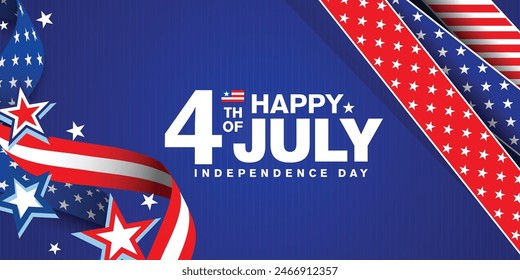 Happy 4th of July Independence Day modern greeting banner background with usa flag banner ribbon, stars, and stripes on a dark blue background. Vector illustration.

