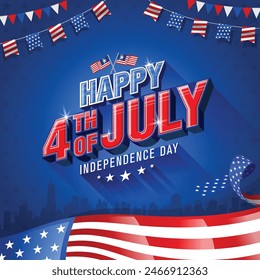 Happy 4th of July Independence Day greeting banner background with usa waving, ribbon, and celebration bunting decoration on blue background. Vector illustration.

