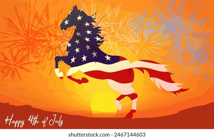 Happy 4th of July, Independence day America USA banner, greeting poster, card, background, web, cover. Victory Day horse Stallion against of sunset and patriotic fireworks in the prairies.