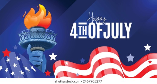 Happy 4th of July Independence Day modern greeting banner background illustration with usa glossy waving flag and Statue of Liberty hand torch on a dark blue background. Vector design. 
