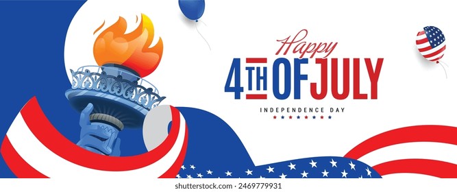 Happy 4th of July Independence Day panoramic banner background vector illustration with USA flag ribbon, balloons, and the statue of Liberty hand torch. Vector illustration. 
