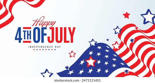 Happy 4th of July Independence Day greeting banner background template with usa waving flag, and stars. Vector illustration. 
