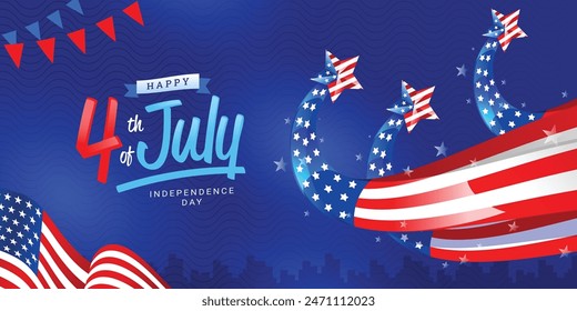 Happy 4th of July Independence Day modern greeting banner, background with shooting stars of usa flag ribbon, waving flag, and bunting decoration on blue background. Vector illustration. 