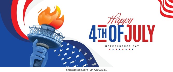 Happy 4th of July Independence Day panoramic modern greeting banner background with usa waving flag and Statue of Liberty hand torch. vector illustration. 
