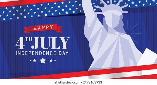 Happy 4th of July Independence Day banner background with usa flag, stars and stripes, and the Statue of Liberty on a blue background. Vector illustration.  
