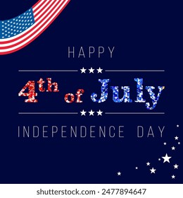 Happy 4th of July Independence day banner with stars and flag. American flag ribbon corner border vector illustration for USA Independence Day 4th of July holiday sale banner, celebration poster.