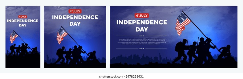 Happy 4th of July independence day USA. Soldiers lifting flag silhouette and USA cityscape on a navy blue background. Vector illustration.