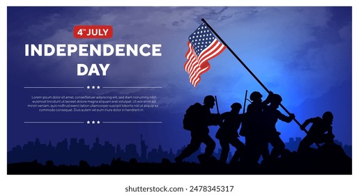 Happy 4th of July independence day USA. Soldiers lifting flag silhouette and USA cityscape on a navy blue background. Vector illustration.