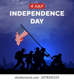 Happy 4th of July independence day USA. Soldiers lifting flag silhouette and USA cityscape on a navy blue background. Vector illustration.