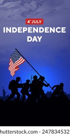 Happy 4th of July independence day USA. Soldiers lifting flag silhouette and USA cityscape on a navy blue background. Vector illustration.