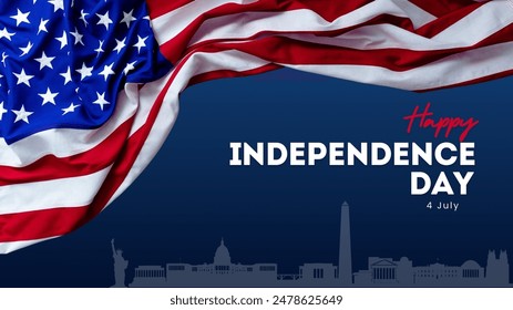 Happy 4th of July independence day USA banner template with USA cityscape on a navy blue background. Vector illustration.