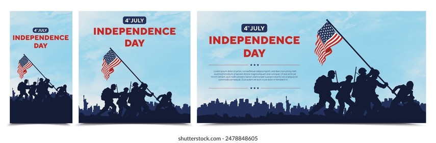 Happy 4th of July independence day USA. Soldiers lifting flag silhouette and USA cityscape on a navy blue background. Vector illustration.