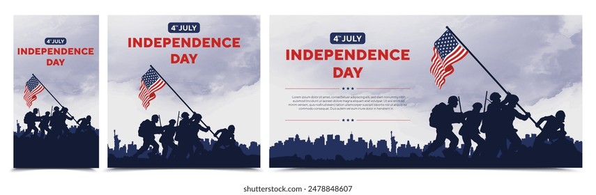 Happy 4th of July independence day USA. Soldiers lifting flag silhouette and USA cityscape on a navy blue background. Vector illustration.