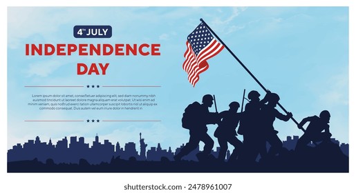 Happy 4th of July independence day USA. Soldiers lifting flag silhouette and USA cityscape on a navy blue background. Vector illustration.