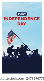 Happy 4th of July independence day USA. Soldiers lifting flag silhouette and USA cityscape on a navy blue background. Vector illustration.