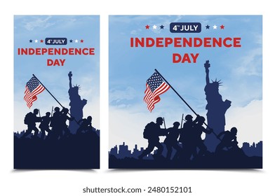 Happy 4th of July independence day USA. Soldiers lifting flag silhouette and USA cityscape on a navy blue background. Statue of liberty. Vector illustration.