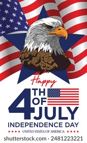 Happy 4th of July Independence Day United States of America poster layout design. Bald eagles symbols of strength, courage, freedom and immortality and American flag in the background.