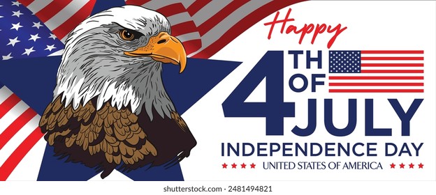 Happy 4th of July Independence Day United States of America horizontal banner layout design. Bald eagles symbols of strength, courage, freedom and immortality and American flag in the background.