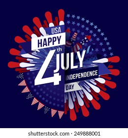 Happy 4th July independence day with fireworks background.