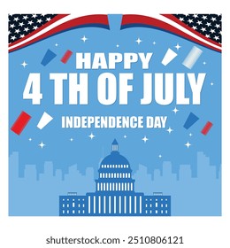 Happy 4th of July independence day USA banner template with firework and USA cityscape on a navy blue background. flat vector modern illustration 