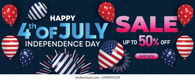 Happy 4th of July Independence Day sale banner with USA flag balloons, dark background, and up to 50% off discount for holiday shopping