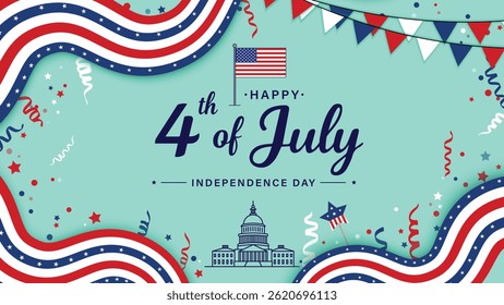 Happy 4th of July Independence Day Celebration Banner with American Flag, Capitol Building, and Festive Decorations
