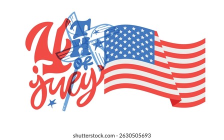 Happy 4th of July - Independence day of America. Hand drawn doodle lettering fot postcard, t-shirt design, mug print.