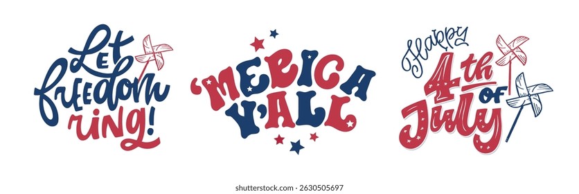 Happy 4th of July - Independence day of America. Hand drawn doodle lettering fot postcard, t-shirt design, mug print.