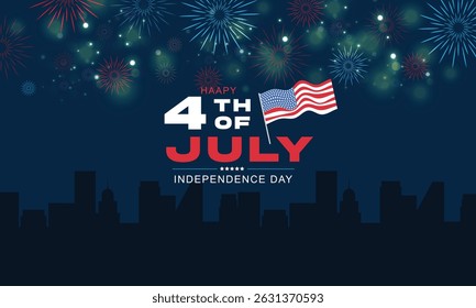 Happy 4th of July Independence Day USA banner template with firework and USA cityscape on dark blue background