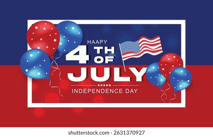 Happy 4th of July, Independence Day banner with American balloons, stars and flag