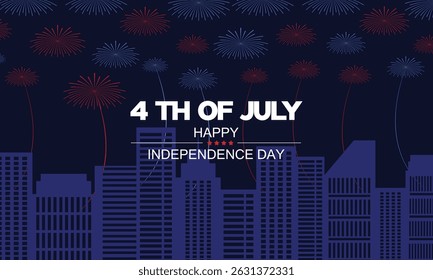 Happy 4th of July Independence Day USA banner template with firework and USA cityscape on dark blue background