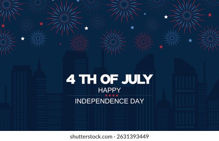 Happy 4th of July Independence Day USA banner template with firework and USA cityscape on dark blue background
