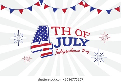 Happy 4th of July Independence Day Background Design, with United States of America flag, festival decoration, fireworks vector. Suitable for Banner, Poster, Greeting Card. National holiday