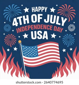 Happy 4th of July Independence Day USA blue background with liberty flames and the United States flag. vector illustration 4th of July USA independence day celebration.
