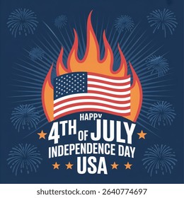 Happy 4th of July Independence Day USA blue background with liberty flames and the United States flag. vector illustration 4th of July USA independence day celebration.
