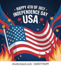 Happy 4th of July Independence Day USA blue background with liberty flames and the United States flag. vector illustration 4th of July USA independence day celebration.
