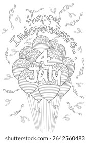Happy 4th of July Independence Day Balloons Coloring Page, Outline illustration for coloring featuring a bunch of balloons decorated with stars and stripes patterns, representing the American flag,