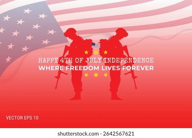 Happy 4th of July Independence Day with Soldiers and Waving American Flag