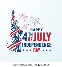 happy 4th of july independence day lettering with liberty statue and fireworks. Its great for banner, poster, greeting card, etc.