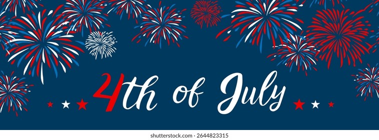Happy 4th july Independence Day background . Red, blue fireworks for 4th of July . Fourth of July banner . United States of America celebration border or greeting card. USA patriotic lettering .