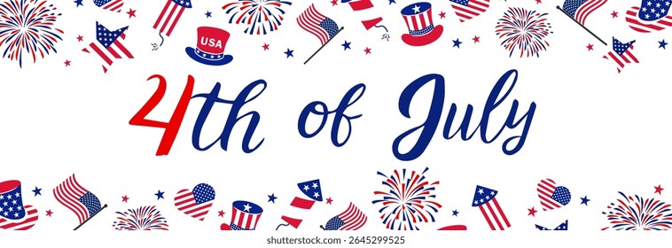Happy 4th july Independence Day background . Red, blue fireworks for 4th of July . Fourth of July banner . United States of America celebration border or greeting card. USA patriotic lettering .