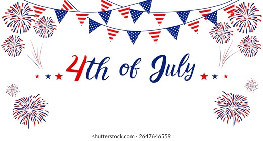 Happy 4th july Independence Day background . Red, blue fireworks for 4th of July . Fourth of July banner . United States of America celebration border or greeting card. USA patriotic lettering .