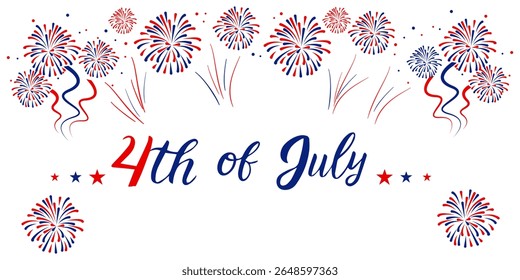  Happy 4th july Independence Day background . Red, blue fireworks for 4th of July . Fourth of July banner . United States of America celebration border or greeting card. USA patriotic lettering .