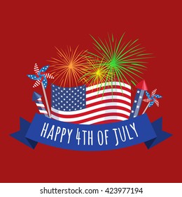 Happy 4th of July, Independence Day fireworks and flag with greating ribbon