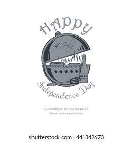 Happy 4th of July. Independence Day design with BBQ (barbecue), grill, cookout, beer bottle and inscription - Happy Independence Day. Fourth of July. Vector illustration isolated on white background