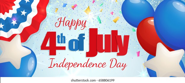 Happy 4th of July, Independence Day greeting card horizontal banner with baloons and paper patriotic bunting. Happy July Fourth. Vector