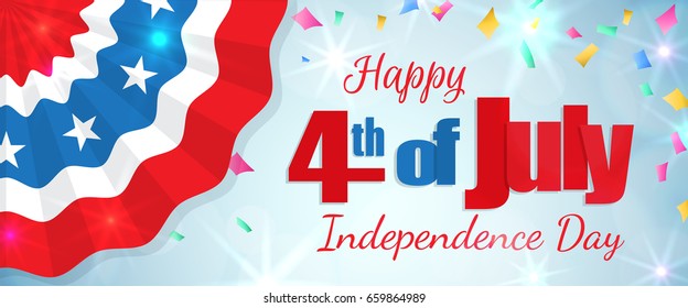 Happy 4th of July, Independence Day greeting card horizontal banner with a cracker and confetti, paper patriotic bunting. Happy July Fourth. Vector