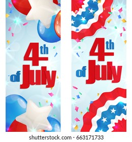 Happy 4th of July, Independence Day, set of greeting cards vertical banners. Happy July Fourth. Vector.